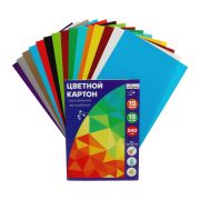 Картон цветной А4, 15 л, 15 цв, в папке, золото+серебро, мелов. 240 г/м2